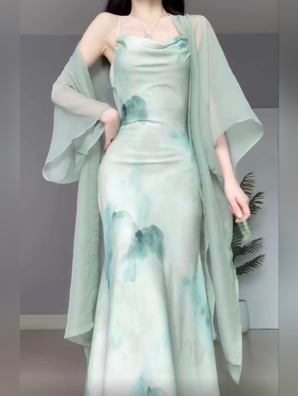 SOLD Watercolor Slip Dress with Matching Shawl